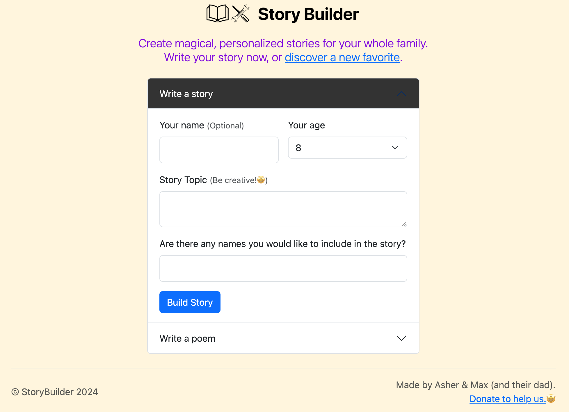 Screenshot of https://storybuilder.club